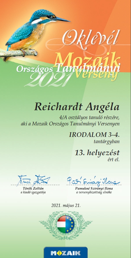 Reichard Angéla - irodalom 3-4. országos tanulmányi verseny 13. helyezés
